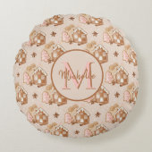 クリスマスブラウンジンジャーブレッドハウスピンクの木 ラウンドクッション (正面)