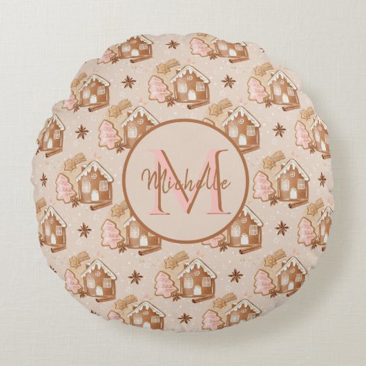 クリスマスブラウンジンジャーブレッドハウスピンクの木 ラウンドクッション (正面)