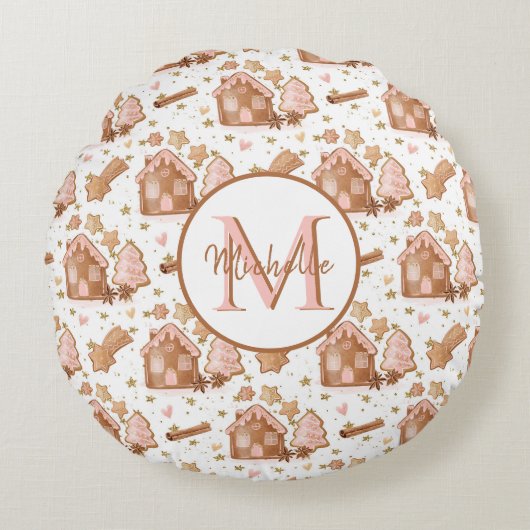 クリスマスブラウンジンジャーブレッドハウスピンクの木 ラウンドクッション (正面)