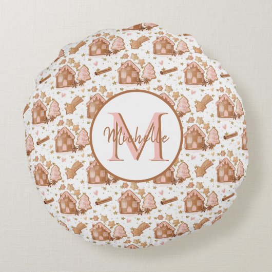 クリスマスブラウンジンジャーブレッドハウスピンクの木 ラウンドクッション (裏面)