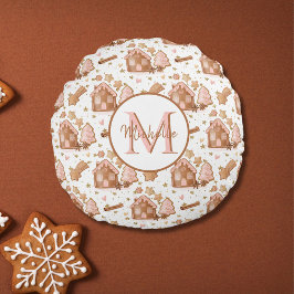 クリスマスブラウンジンジャーブレッドハウスピンクの木 ラウンドクッション