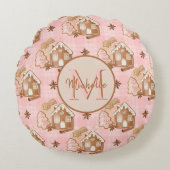 クリスマスブラウンジンジャーブレッドハウスピンクプレイドツリー ラウンドクッション (正面)