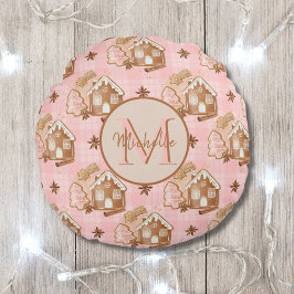 クリスマスブラウンジンジャーブレッドハウスピンクプレイドツリー ラウンドクッション