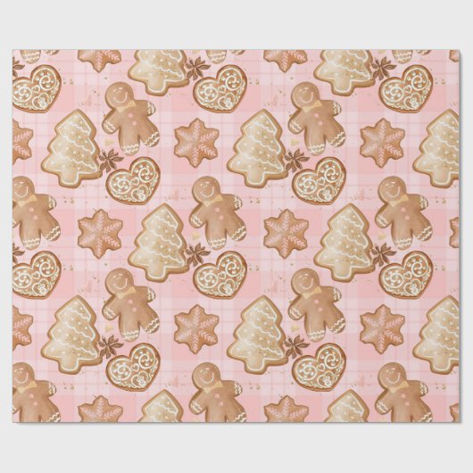 クリスマスブラウンジンジャーブレッドマンハートスターツリーピンク ラッピングペーパー (フラット)