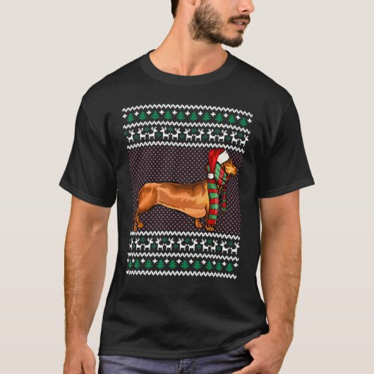 クリスマスブラウンダッシュンドドッグサンタハット醜いクリスマス Tシャツ (正面)