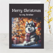 クリスマスブラザーに登場するかわいいハスキーの犬ペット カード (黄色い花)