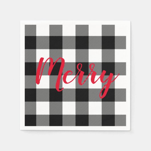 クリスマスブラックとホワイトバッファローのプレイド スタンダードカクテルナプキン (正面)