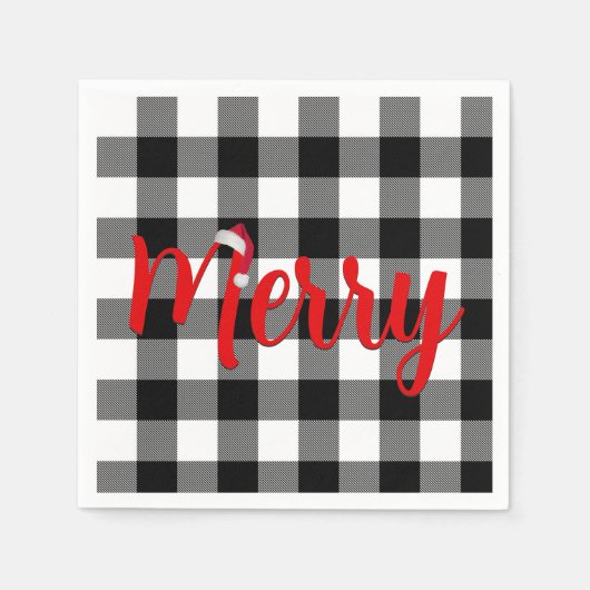 クリスマスブラックとホワイトバッファローのプレイド スタンダードカクテルナプキン (正面)