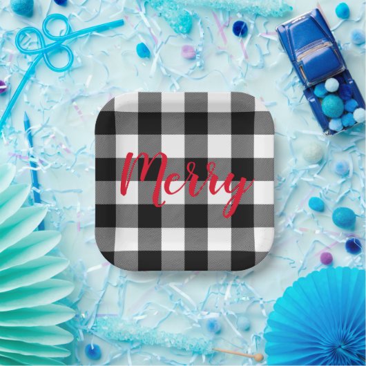 クリスマスブラックとホワイトバッファローのプレイド ペーパープレート (パーティー)