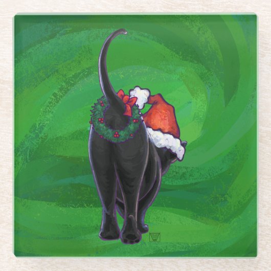 クリスマスブラックキャットオングリーン ガラスコースター (正面)