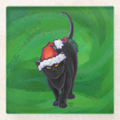 クリスマスブラックキャットオングリーン ガラスコースター (正面)