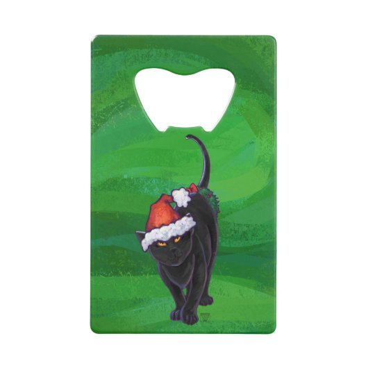 クリスマスブラックキャットオングリーン クレジットカード栓抜き (正面)