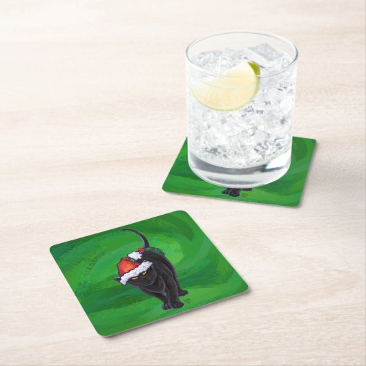 クリスマスブラックキャットオングリーン スクエアペーパーコースター (インサイチュ)