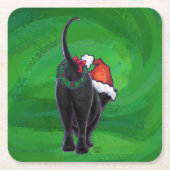 クリスマスブラックキャットオングリーン スクエアペーパーコースター (正面)