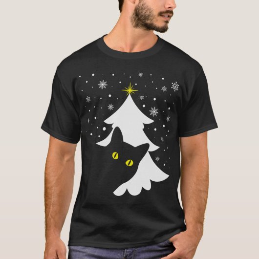 クリスマスブラックキャットクリスマスツリー雪と星 Tシャツ (正面)