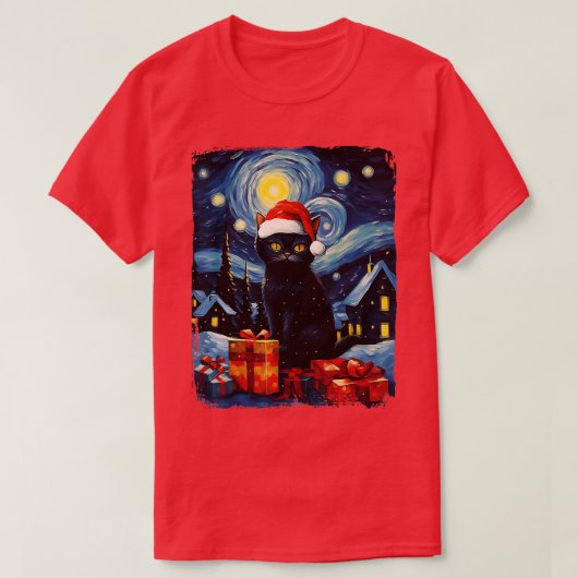 クリスマスブラックキャットスターリーナイトバンゴッホレトロCa Tシャツ (デザイン正面)