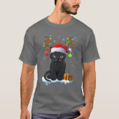 クリスマスブラックキャットトトナカイ〔雄ジカの〕枝角おもしろいズクリスマス Tシャツ (正面)