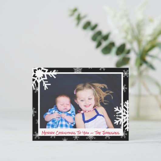 クリスマスブラックスノーフレークスファミリーフォトカード ポストカード (スタンド正面)