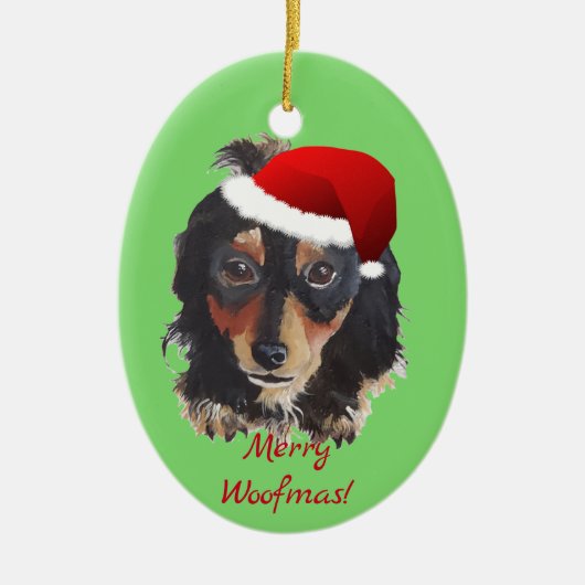 クリスマスブラックタンロングヘアドキシーサンタハット セラミックオーナメント (正面)