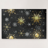 クリスマスブラックバックグラウンド上のゴールデンスノーフレーク ジグソーパズル (横)