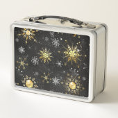 クリスマスブラックバックグラウンド上のゴールデンスノーフレーク メタルランチボックス (裏面)