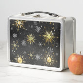 クリスマスブラックバックグラウンド上のゴールデンスノーフレーク メタルランチボックス (インサイチュ)
