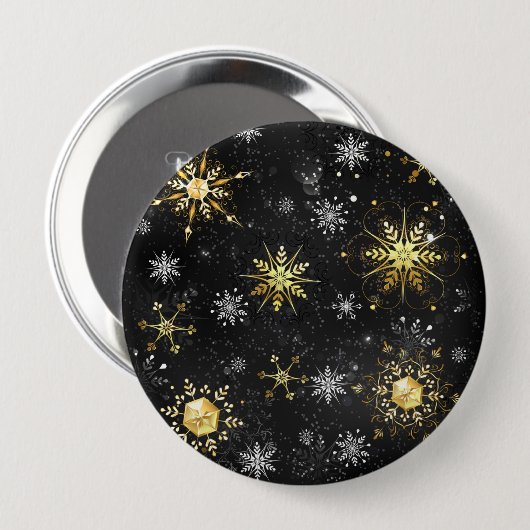 クリスマスブラックバックグラウンド上のゴールデンスノーフレーク 缶バッジ (正面&裏面)