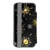 クリスマスブラックバックグラウンド上のゴールデンスノーフレーク INCIPIO iPhoneウォレットケース (フォリオ裏面)