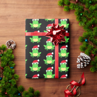 クリスマスブラックフロッグサンタハットパターンノベルティ ラッピングペーパー