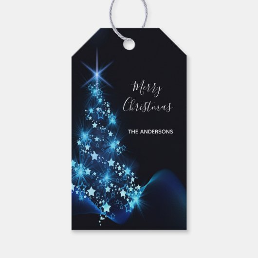 クリスマスブラックブルーモダンシャイニングツリー ギフトタグ (正面)