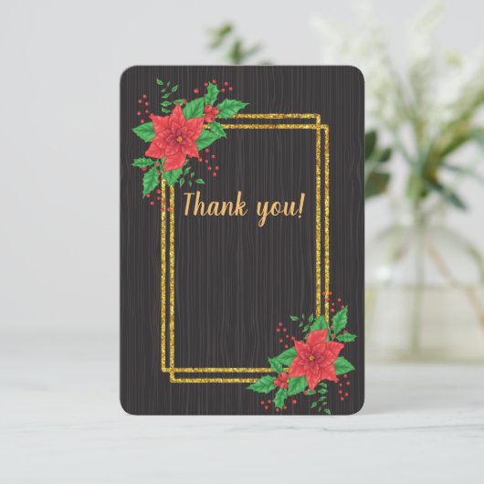 クリスマスブラックポインセチア金ゴールド結婚フレーム サンキューカード (スタンド正面)