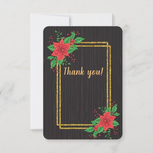 クリスマスブラックポインセチア金ゴールド結婚フレーム サンキューカード (正面)