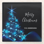 クリスマスブラックモダンブルー輝くツリー名 ガラスコースター (正面)