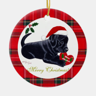 クリスマスブラックラブラドールパピーサンタハット セラミックオーナメント