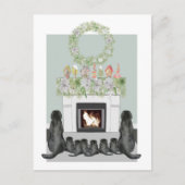 クリスマスブラックラブラドールファミリー暖炉シーン シーズンポストカード (正面)