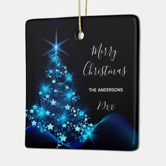 クリスマスブラック輝くブルーの木の姓 セラミックオーナメント (左)