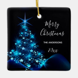 クリスマスブラック輝くブルーの木の姓 セラミックオーナメント