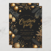 クリスマスブラック&金ゴールドバウブルズホリデーパーティー 招待状 (正面/裏面)