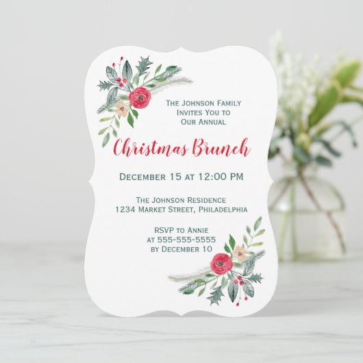 クリスマスブランチイベントウィンター花模様&ホリー 招待状 (スタンド正面)