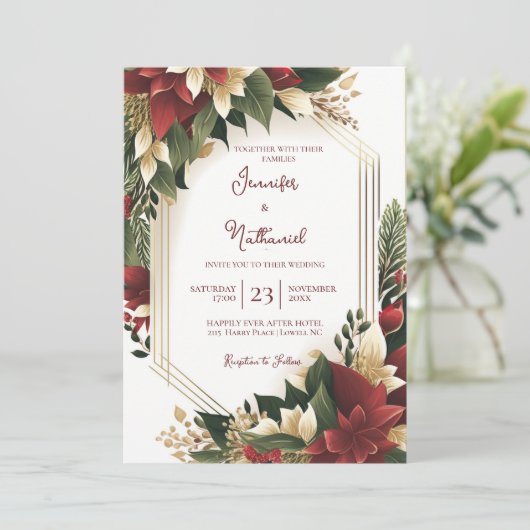 クリスマスブルゴーニュ金ゴールドフローラポインセチア結婚ズ 招待状 (スタンド正面)