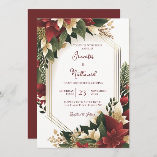 クリスマスブルゴーニュ金ゴールドフローラポインセチア結婚ズ 招待状 (正面/裏面)