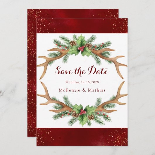 クリスマスブルゴーニュ金ゴールド結婚式の日付カードを保存 招待状 (正面/裏面)