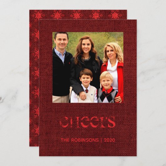 クリスマスブルゴーニュBurlapスノーフレーク家族の写真 シーズンカード (正面/裏面)