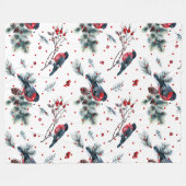 クリスマスブルフィンチ&エバーグリーンズパターン フリースブランケット (正面(横))