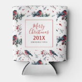 クリスマスブルフィンチ&ホリーパターン 缶クーラー (正面)