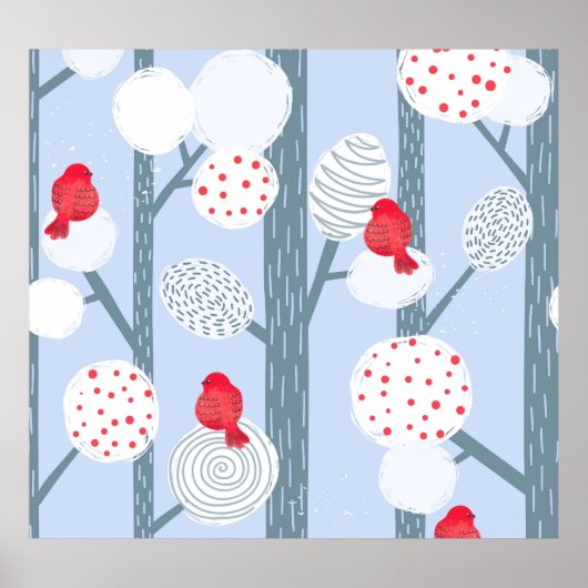 クリスマスブルフィンチ、木、ヴィンテージ林。 ポスター (正面)