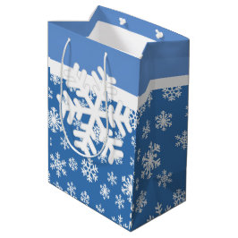 クリスマスブルーとホワイトスノーフレーク ミディアムペーパーバッグ