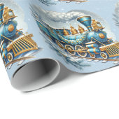 クリスマスブルーと金ゴールドヴィンテージ機関車 ラッピングペーパー (ロールコーナー)
