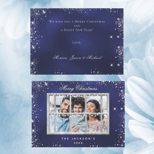 クリスマスブルーのシルバーグリッターの写真窓 ノートカード