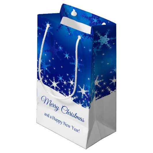 クリスマスブルーの冬の雪片 スモールペーパーバッグ (正面アングル)